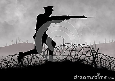 World War British soldiers silhouette on a battlefield Stock Photo