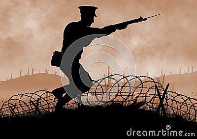 World War British soldiers silhouette on a battlefield Stock Photo