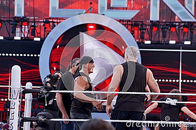 WWE NWO wrestlers Hulk Hogan, Scott Hall, and Kevin Nash in ring at Wrestlemania 31 Editorial Stock Photo