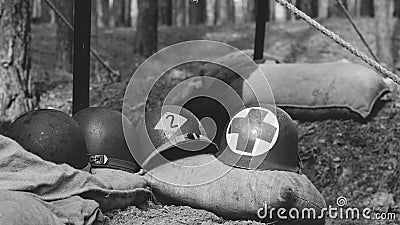 WWII American Metal Helmets Of United States Army Infantry Soldi Stock Photo