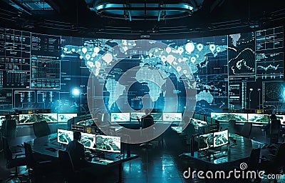 A WWIII cyber warfare operation room with hackers and strategists plotting digital attacks on global networks screens aglow with Stock Photo