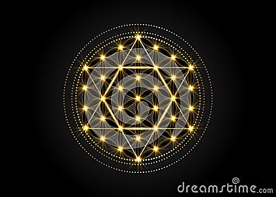 Sacred Geometry, Metatrons cube and golden David Star with Shiny Flower of Life, Gold luxury hexagon symbol of alchemy sign Vector Illustration