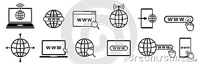 WWW flat line icon set with computer, phone, laptop and tablet. Internet browser search bar with globe and mouse arrow click. Web Vector Illustration