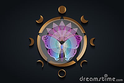 Sacred lotus flower and colorful butterfly with engraving and Moon Phases. Wiccan symbol, full moon, waning, waxing, first quarter Vector Illustration