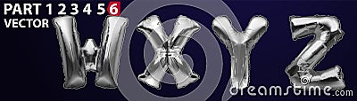 WXYZ silver foil letter balloons on dark background. Silver alphabet balloon logotype, icon. Metallic Silver WXYZ Balloons. Text Vector Illustration