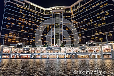 Wynn palace macau, nightitme fountain, water feature with large water jets Editorial Stock Photo