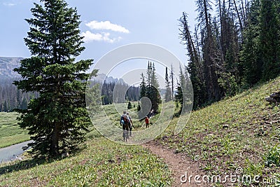 A group of hikers wearing large backpacks hike along the Upper Brooks Lake trail on a hazy day Editorial Stock Photo