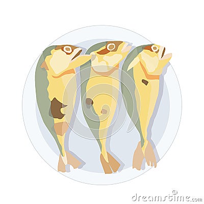 Fried mackerel in the plate on white background Cartoon Illustration