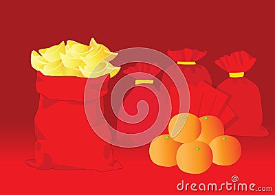 Red bag with gold money.envelope red and orange fruit on red background Cartoon Illustration