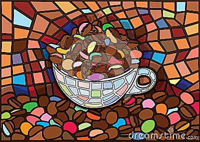 Coffee cup and coffee beans moses stained glass Cartoon Illustration