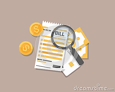 Flat cartoon tax bill document analysis, financial check Vector Illustration