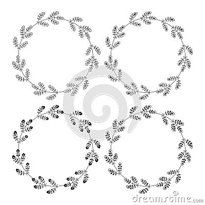 Wreaths from twigs and leaves. Set of four vector round floral frames isolated on white background. Vector Illustration