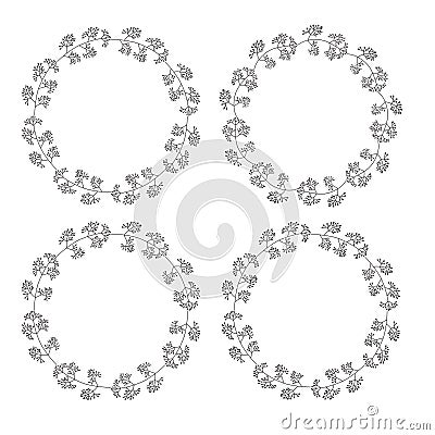 Wreaths from twigs and leaves. Set of four vector circle floral frames isolated on white background. Vector Illustration