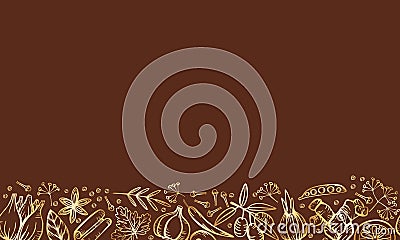 Spice herbs for delicious cooking. Isolated golden vector seamless border frame. Vector Illustration