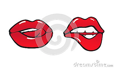 Red bitten and licked lips. Set of colored icons in cartoon style isolated on white. Vector Illustration