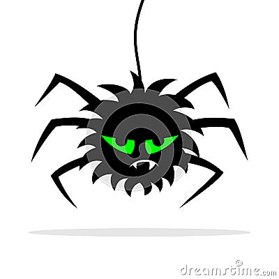 Scary spider with green eyes hanging on cobweb Vector Illustration