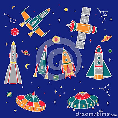 Set of cartoon spaceships, planets for designs and patterns. Bright colored vector isolated on blue sky background. Vector Illustration