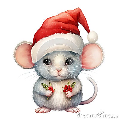 Santa's Little Squeaker: Christmas Watercolor Style Mouse Clipart - Isolated on White Background - Generative AI Cartoon Illustration