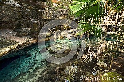 X-Batun Cenote - natural lagoon with transparent turquoise wate Stock Photo