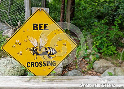 "Bee Crossing" sign mounted on fence post with blurred background Stock Photo