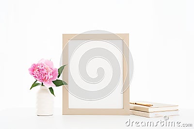 8x10 gold frame mockup on a white backlit background. Pink Peony in white vase with boho books Cartoon Illustration