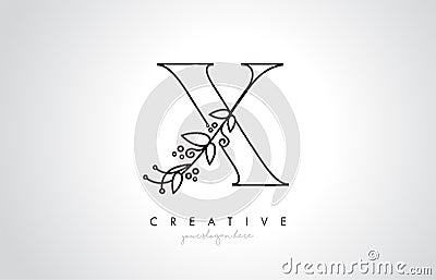 X Letter Logo With Organic Monogram Plant Leafs Detail and Circle Design. Creative Letter Icon Vector Illustration