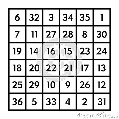 6x6 magic square with sum 111 of the Sun Vector Illustration