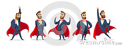 Businessman in a superhero costume. Character collection of business hero in various poses. Super manager set. Vector Illustration