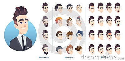 Business character avatar kit, different hairstyles, facial expression and beard. Collection of male facial emotions. Vector Illustration