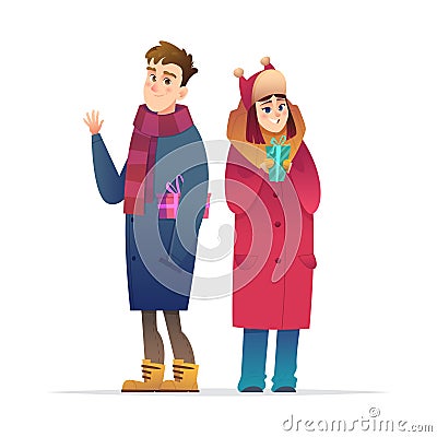 Pleased guy and cheerful girl hold gifts in their hands. Happy young people on a romantic date or moment. Teenagers give presents Vector Illustration