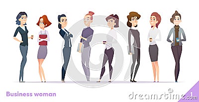 Business women character design collection. Modern cartoon flat style. Females stand together. Young professional females poses. Vector Illustration