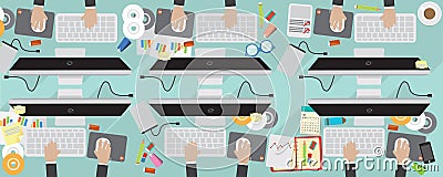 8000x3200 Pixel Flat View Business Workplace With Computer Vector Illustration