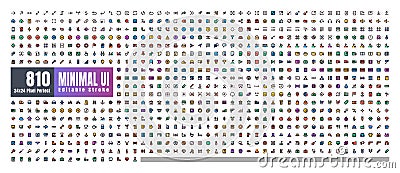 24x24 Pixel Perfect. Basic User Interface Essential Set. 200 Gradient Filled Color Line Outline Icons. For App, Web, Print. Round Vector Illustration