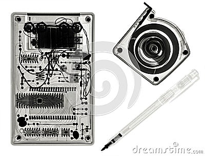 X-ray of a Calculator, a Self-retracting metal tape measure and a Ballpoint pen Stock Photo