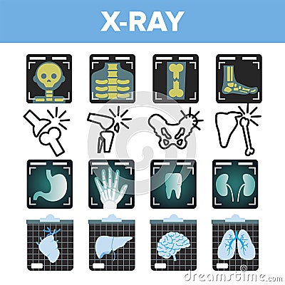 X-ray Icon Set Vector. Radiology Scan. Broken Human Bone. Medical Symbol. Fracture Structure. Health Hospital Medicine Vector Illustration