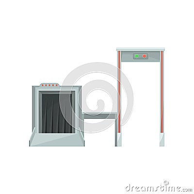 X-Ray machine for monitoring baggage and metal detector gate for checking passengers. Airport security system. Flat Vector Illustration