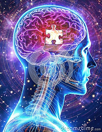 An x-ray of a mans brain showing a missing puzzle piece Stock Photo