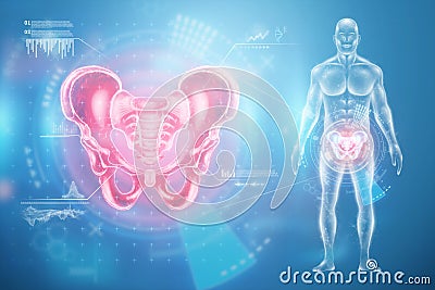 X-ray of a patient`s pelvis, hip joint skeleton, medical concept. Pelvic pain, fracture, joint problems. mixed media. 3D render, Cartoon Illustration