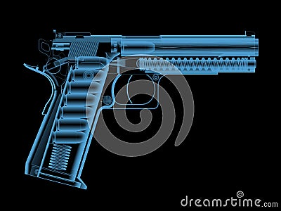 X-ray of a pistol with bullets. Stock Photo