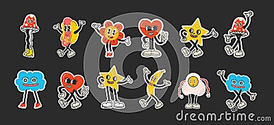 70's groovy illustrations for poster, sticker. Retro print with hippie cute crazy characters. Funky character Vector Illustration