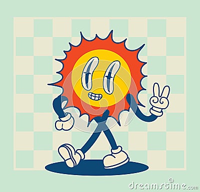 70's groovy square poster, sticker. Retro print with hippie cute walking sun Funky character concepts of crazy stars Vector Illustration