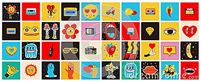70's groovy square posters, cards or stickers. Retro print with hippie cute colorful funky character concepts of Vector Illustration