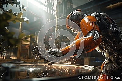 Xai mechanized industrial robot and robotic arms for factory assembly, ai automation Stock Photo