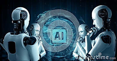 XAI Thinking AI hominoid robot analyzing hologram screen showing concept of AI Cartoon Illustration