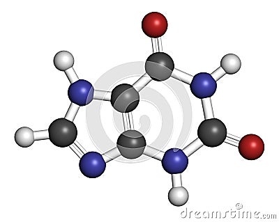 Xanthine purine base molecule. 3D rendering. Atoms are represented as spheres with conventional color coding: hydrogen white,. Stock Photo