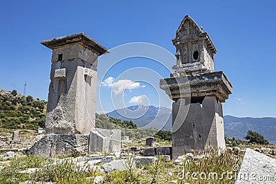 Xanthos Ancient City. Grave monument and the ruins of ancient city of Xanthos - Letoon Xantos, Xhantos, Xanths in Kas, Antalya/T Stock Photo