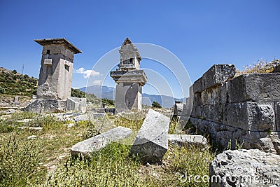 Xanthos Ancient City. Grave monument and the ruins of ancient city of Xanthos - Letoon Xantos, Xhantos, Xanths in Kas, Antalya/T Stock Photo