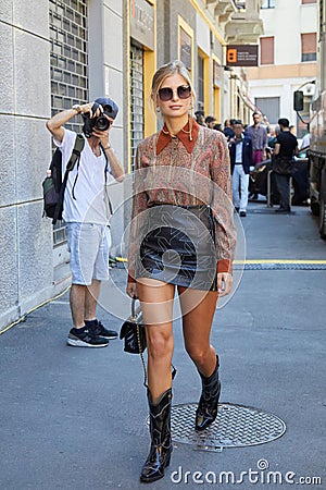 Xenia Adonts before Etro fashion show, Milan Fashion Week street style Editorial Stock Photo