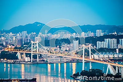 Xiamen haicang bridge closeup in nightfall Editorial Stock Photo