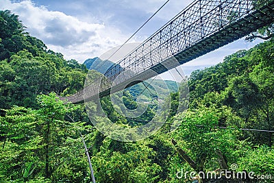 Xiao Wulai Sky Rope Bridge on Sunny Day, shot in Xiao Wulai Scenic Area, Fuxing District, Taoyuan, Taiwan. Stock Photo